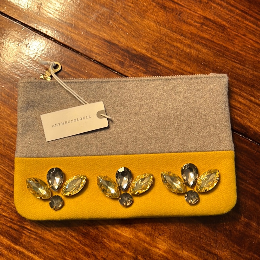 Anthropologie cosmetic pouch - yellow and grey with beautiful jewels